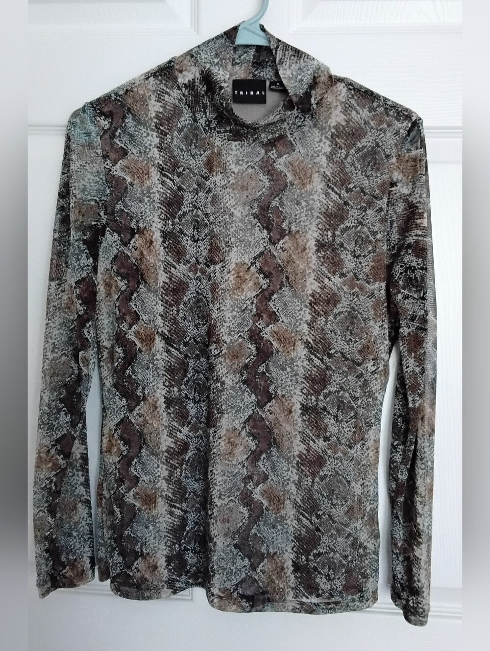 Tribal Mock Neck Snake-Print Top - Brown, Gray, Black